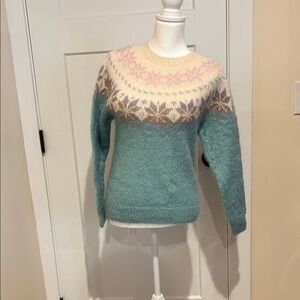 Vintage Chic Fair Isle Knit Sweater - Teal and Cream